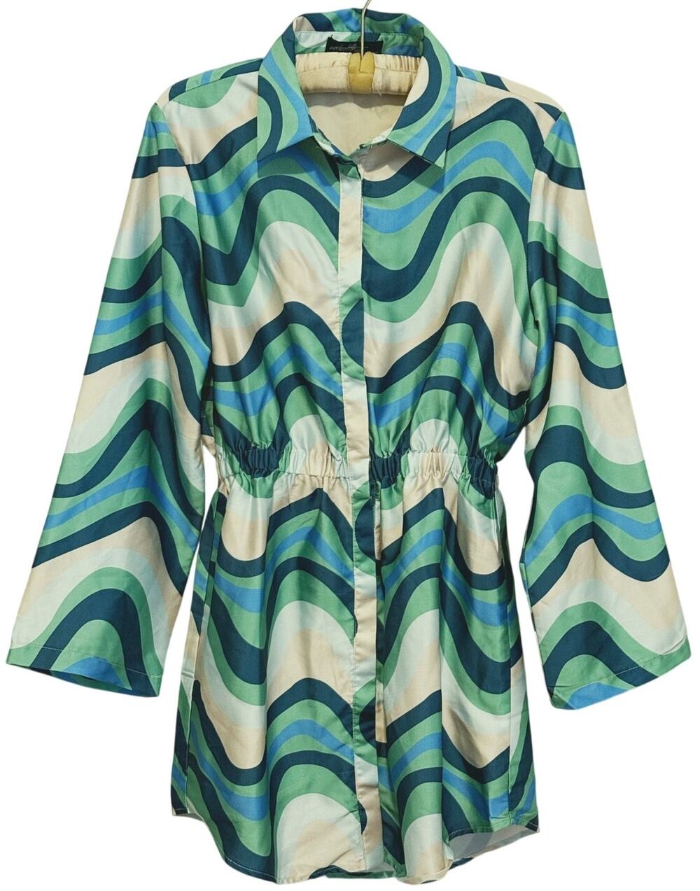 OnTwelfth Retro Button Up Shirt Dress Womens Medium Blue 70s Party Groovy 80s